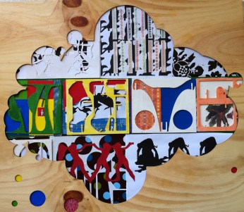 Woodmix, collage, ply, prints, cloth, acrylic on ply, 2012. Lorna Grear